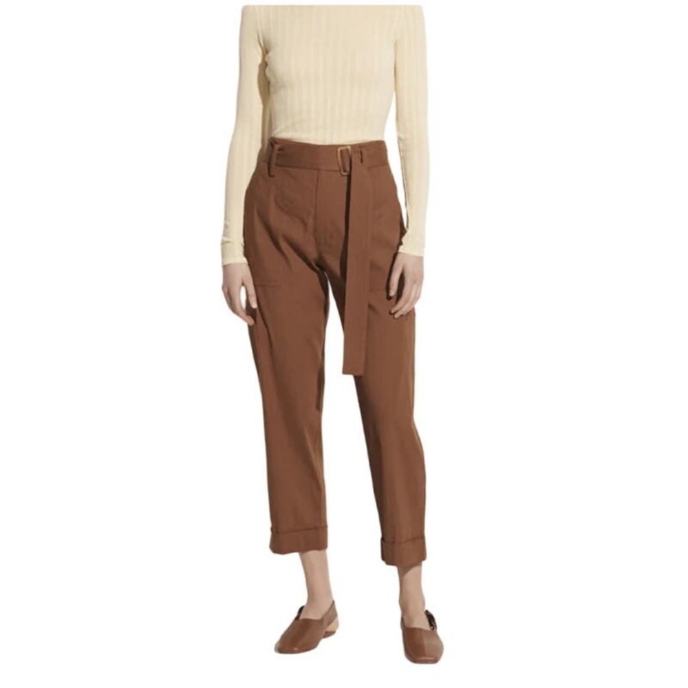 Vince Belted Linen Blend Utility Capri Pants Womens Sz L Brown Cuffed High Rise